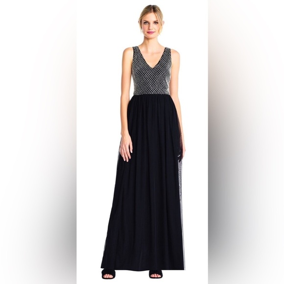 Adrianna Papell Anthropologie Bryce Navy Tulle Maxi Dress Gown Beaded Sz 0 NWT - Picture 3 of 16